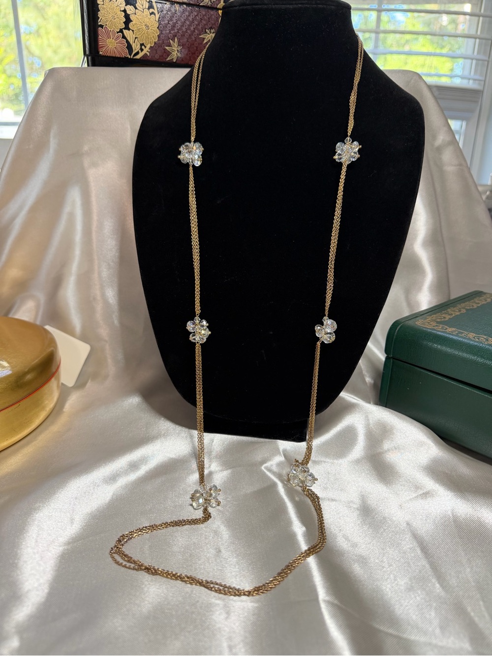 Gold Tone Triple-Strand Long Station Necklace w/Faceted Crystal Flower Accents